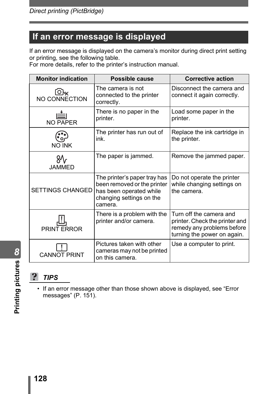 If an error message is displayed | Olympus SP-500 UZ User Manual | Page 128 / 189