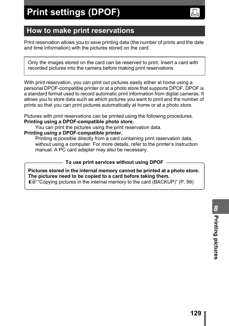 Print settings (dpof), How to make print reservations, P. 129 | G“print settings (dpof)” (p. 129) | Olympus SP-500 UZ User Manual | Page 129 / 189