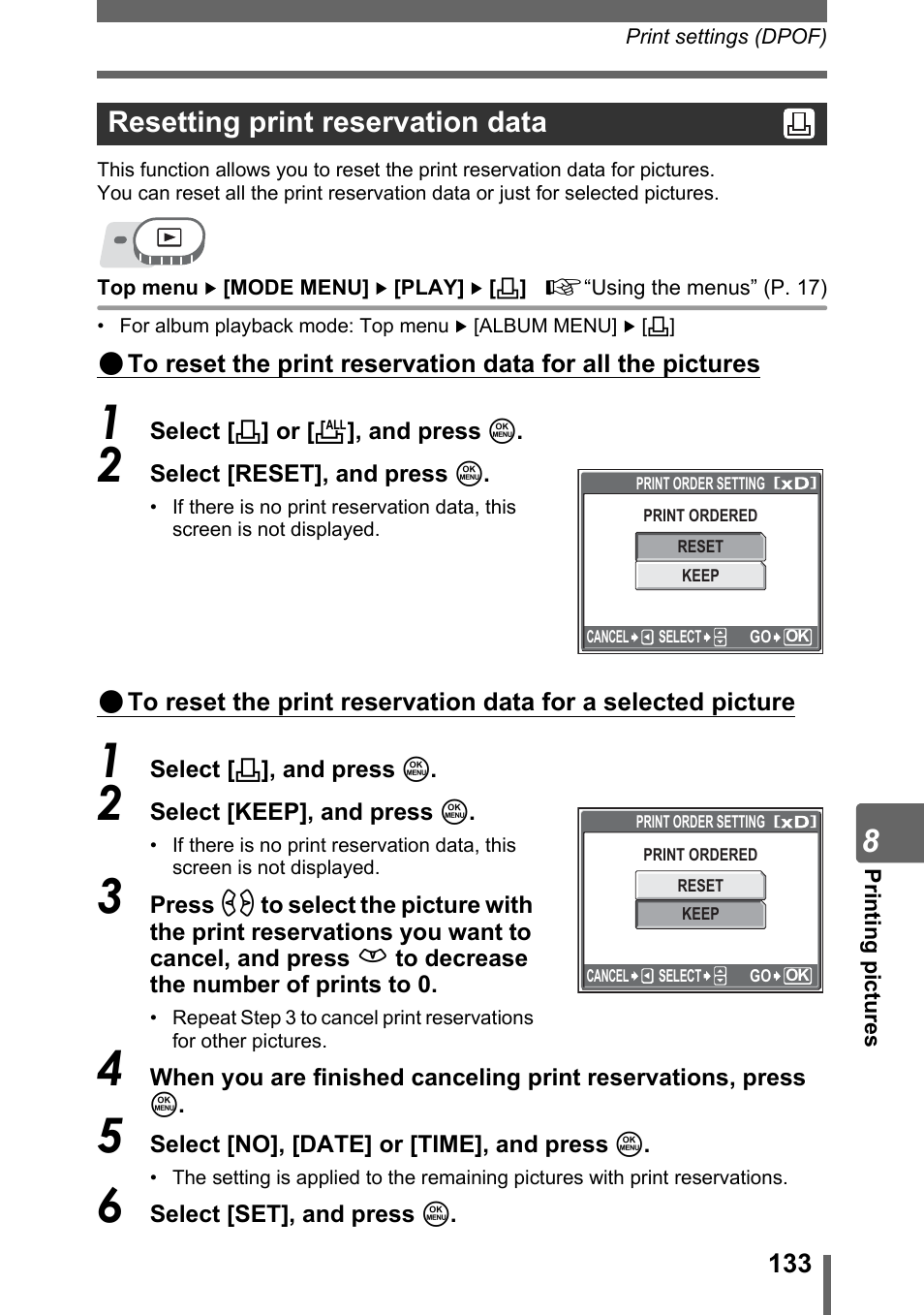 Resetting print reservation data | Olympus SP-500 UZ User Manual | Page 133 / 189