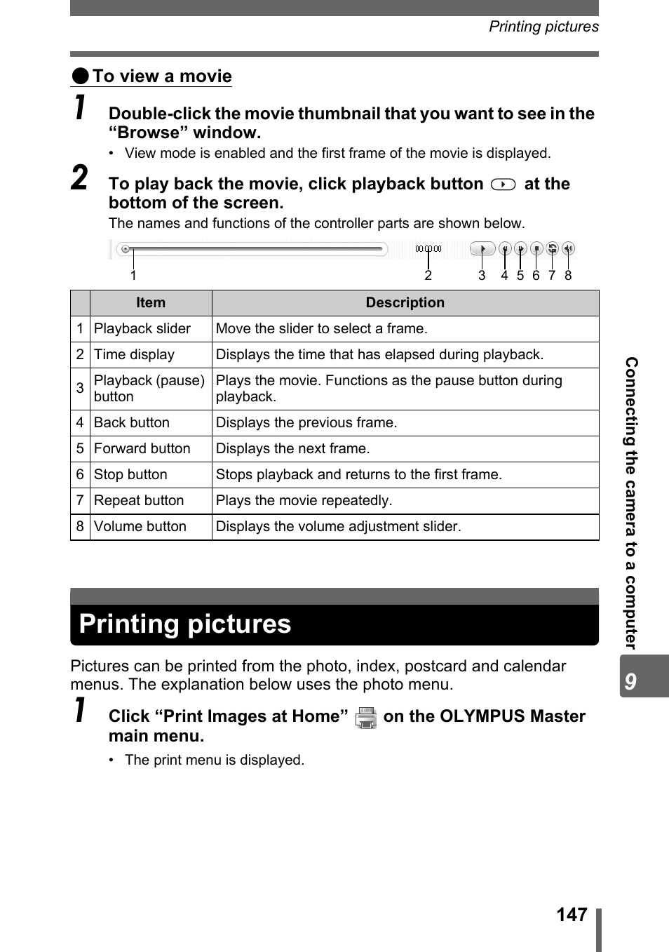 Printing pictures | Olympus SP-500 UZ User Manual | Page 147 / 189