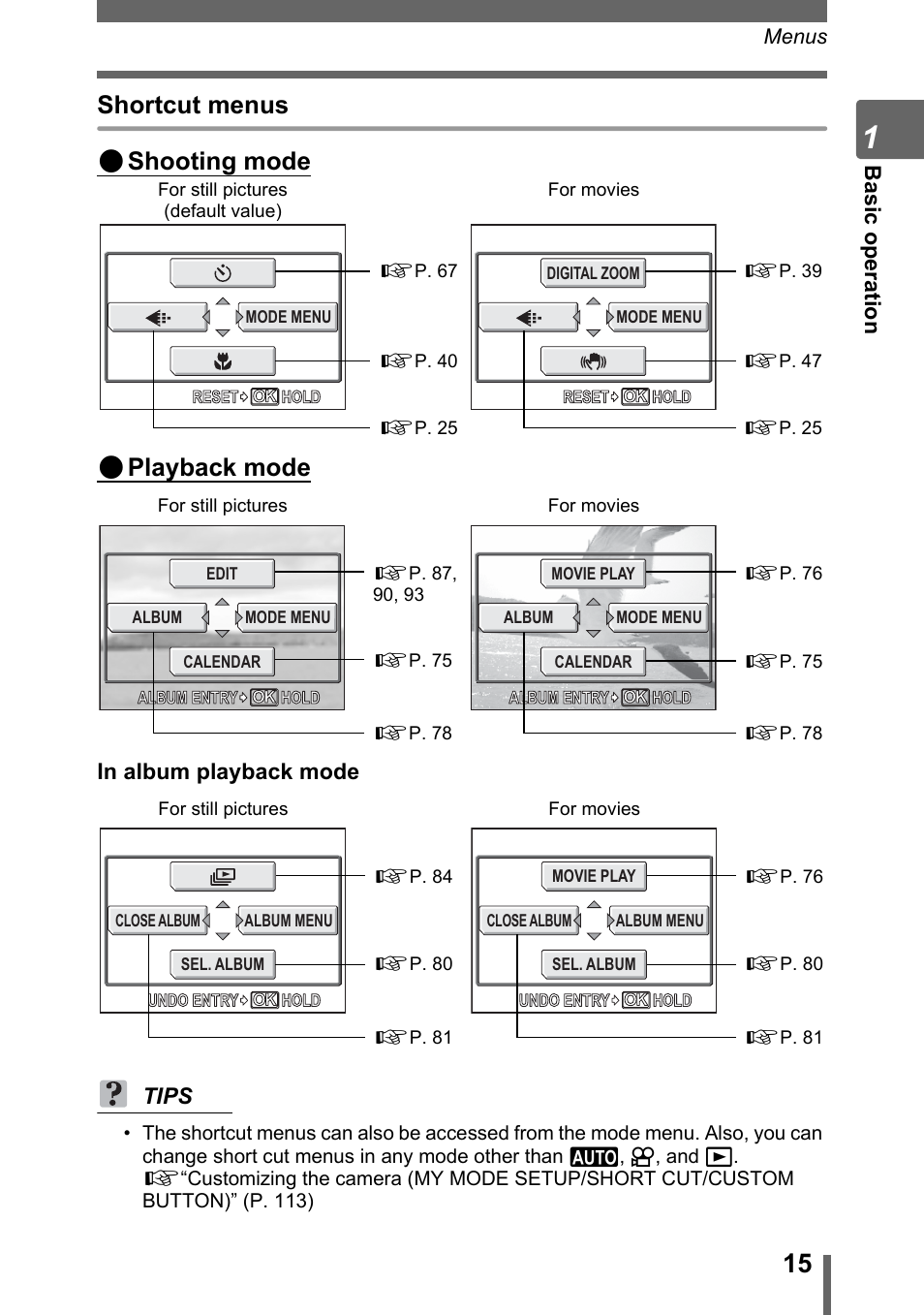 Shortcut menus ( shooting mode ( playback mode, Ba si c op e ra tio n | Olympus SP-500 UZ User Manual | Page 15 / 189