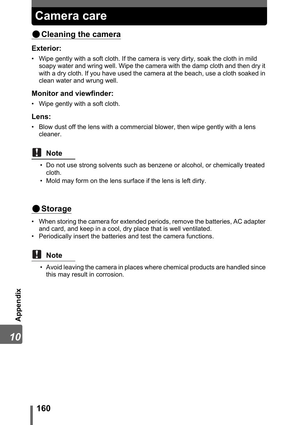 Camera care, P. 160 | Olympus SP-500 UZ User Manual | Page 160 / 189
