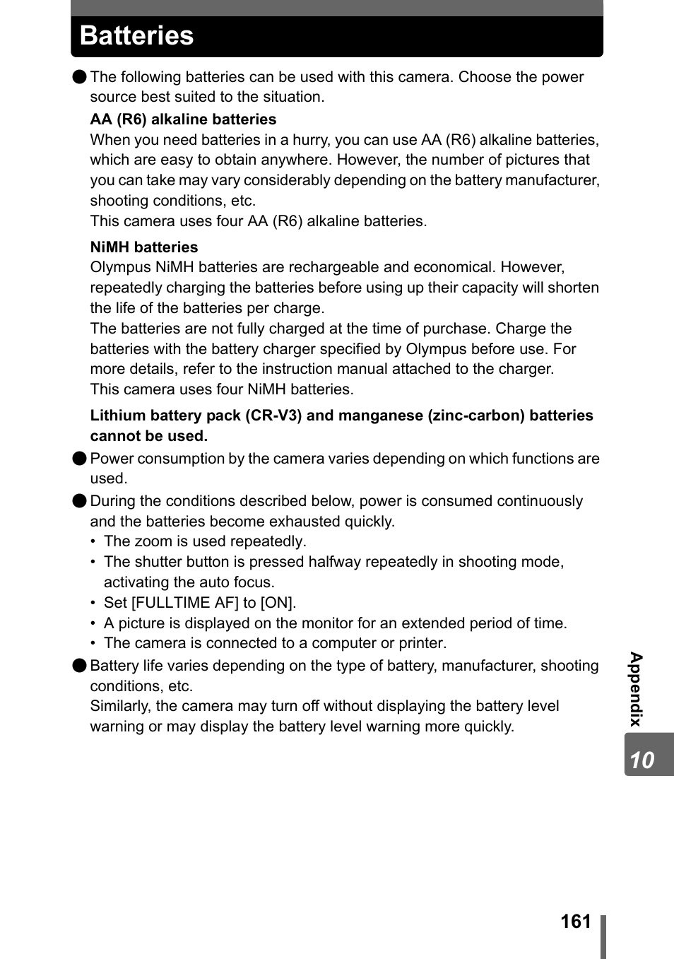 Batteries | Olympus SP-500 UZ User Manual | Page 161 / 189