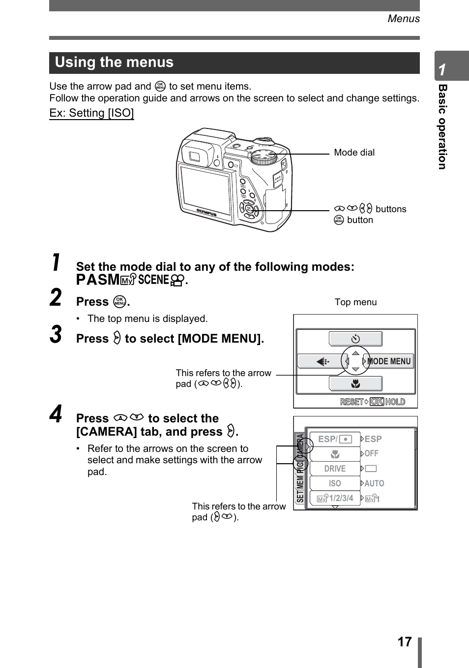 Using the menus | Olympus SP-500 UZ User Manual | Page 17 / 189