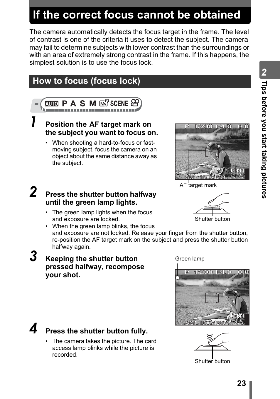 If the correct focus cannot be obtained, How to focus (focus lock) | Olympus SP-500 UZ User Manual | Page 23 / 189