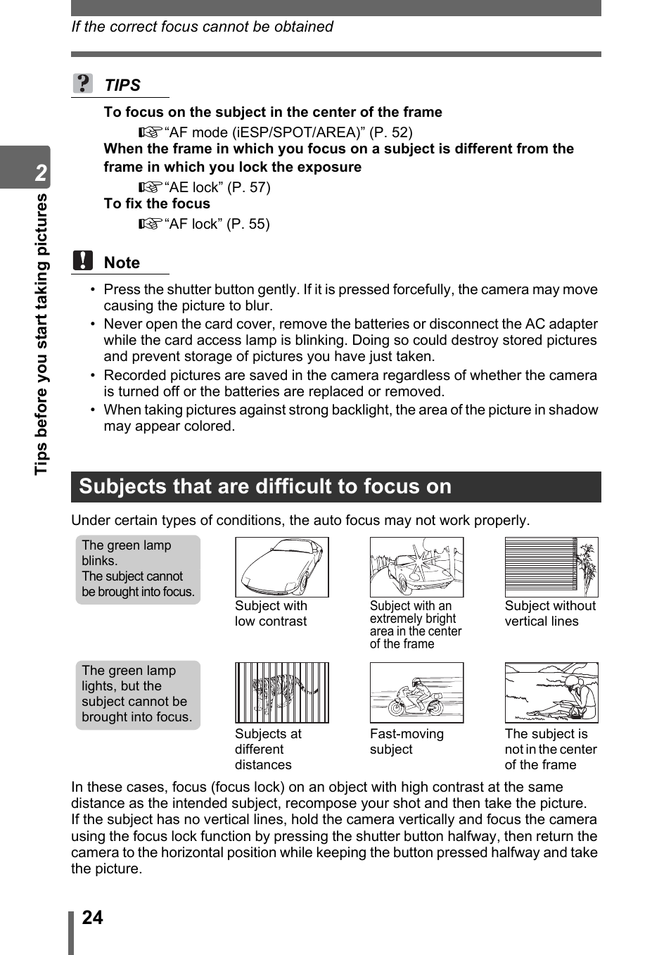 Subjects that are difficult to focus on | Olympus SP-500 UZ User Manual | Page 24 / 189