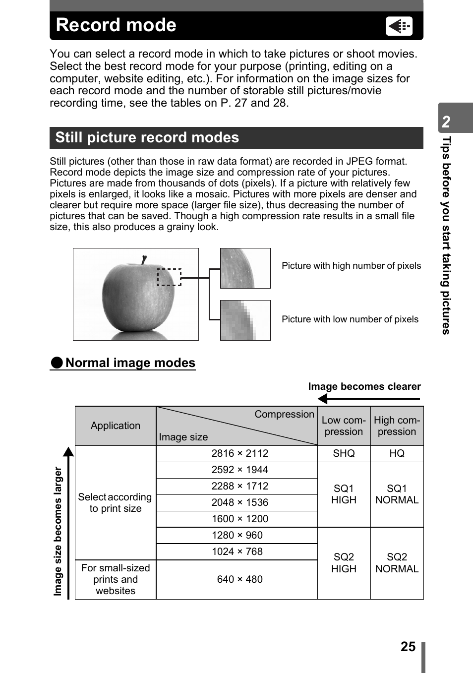 Record mode, Still picture record modes, Gp. 25 | Normal image modes | Olympus SP-500 UZ User Manual | Page 25 / 189