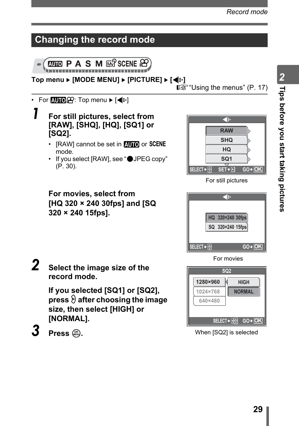 Changing the record mode | Olympus SP-500 UZ User Manual | Page 29 / 189