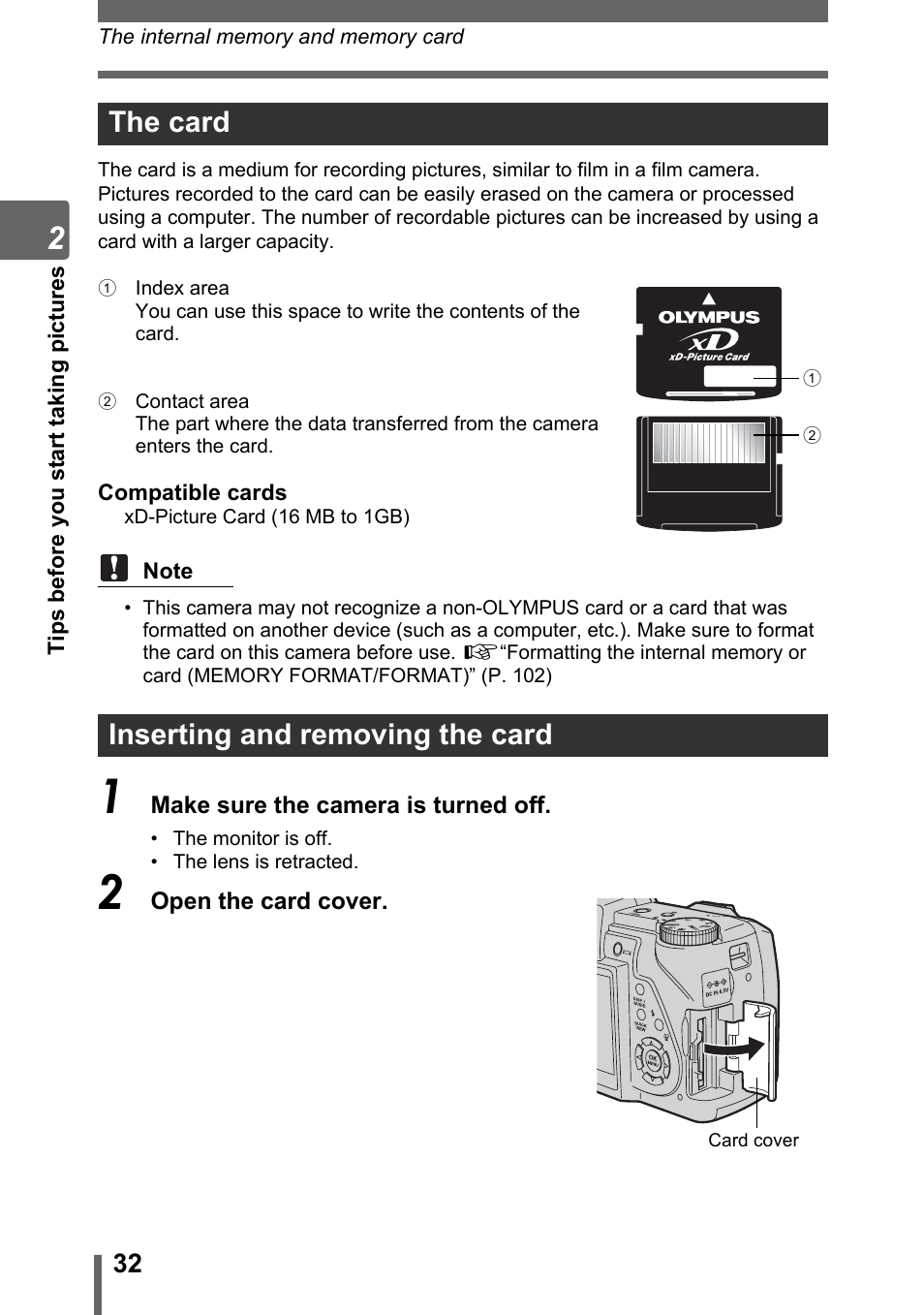 The card, Inserting and removing the card, The card inserting and removing the card | Olympus SP-500 UZ User Manual | Page 32 / 189