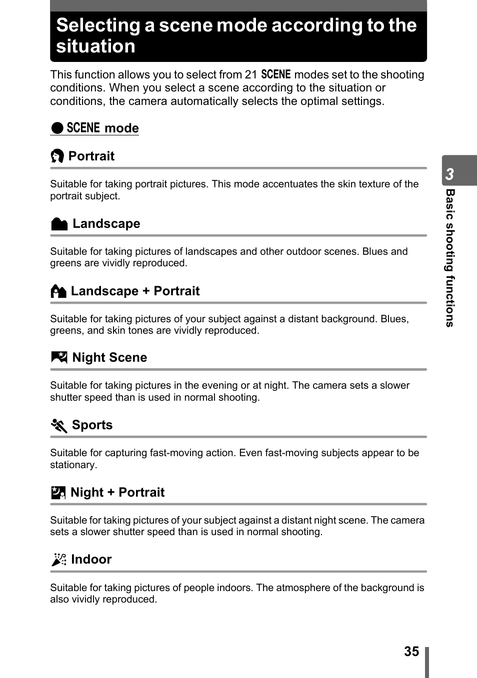 Selecting a scene mode according to the situation | Olympus SP-500 UZ User Manual | Page 35 / 189