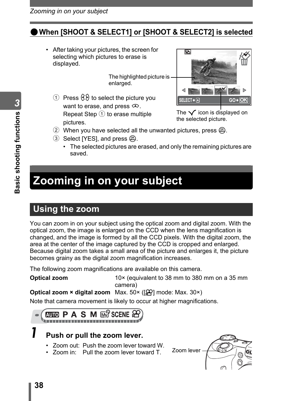 Zooming in on your subject, Using the zoom | Olympus SP-500 UZ User Manual | Page 38 / 189
