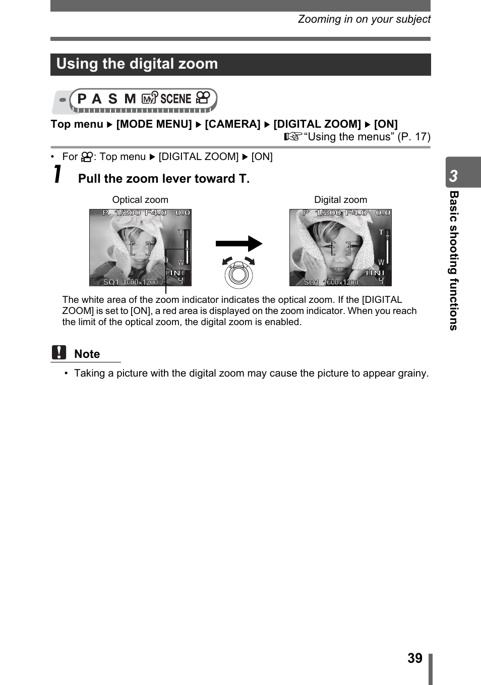 Using the digital zoom, Gp. 39, Pull the zoom lever toward t | Basi c shooti ng functi ons | Olympus SP-500 UZ User Manual | Page 39 / 189