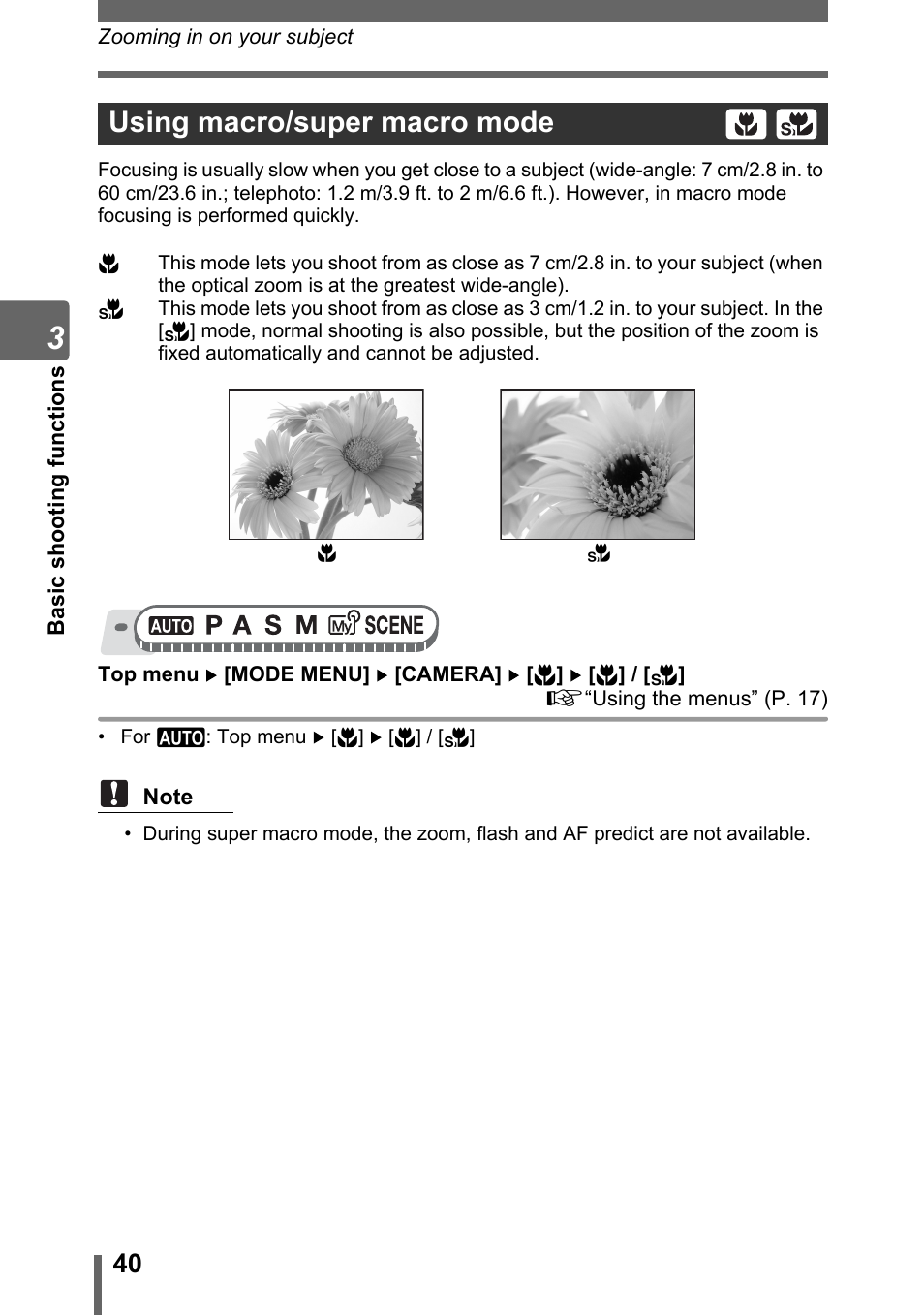 Using macro/super macro mode, Gp. 40 | Olympus SP-500 UZ User Manual | Page 40 / 189