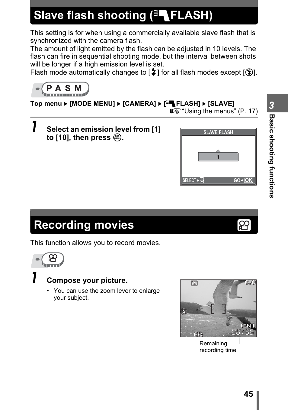 Slave flash shooting (flash), Recording movies, Slave flash shooting | Flash), Recording movies” (p. 45) | Olympus SP-500 UZ User Manual | Page 45 / 189