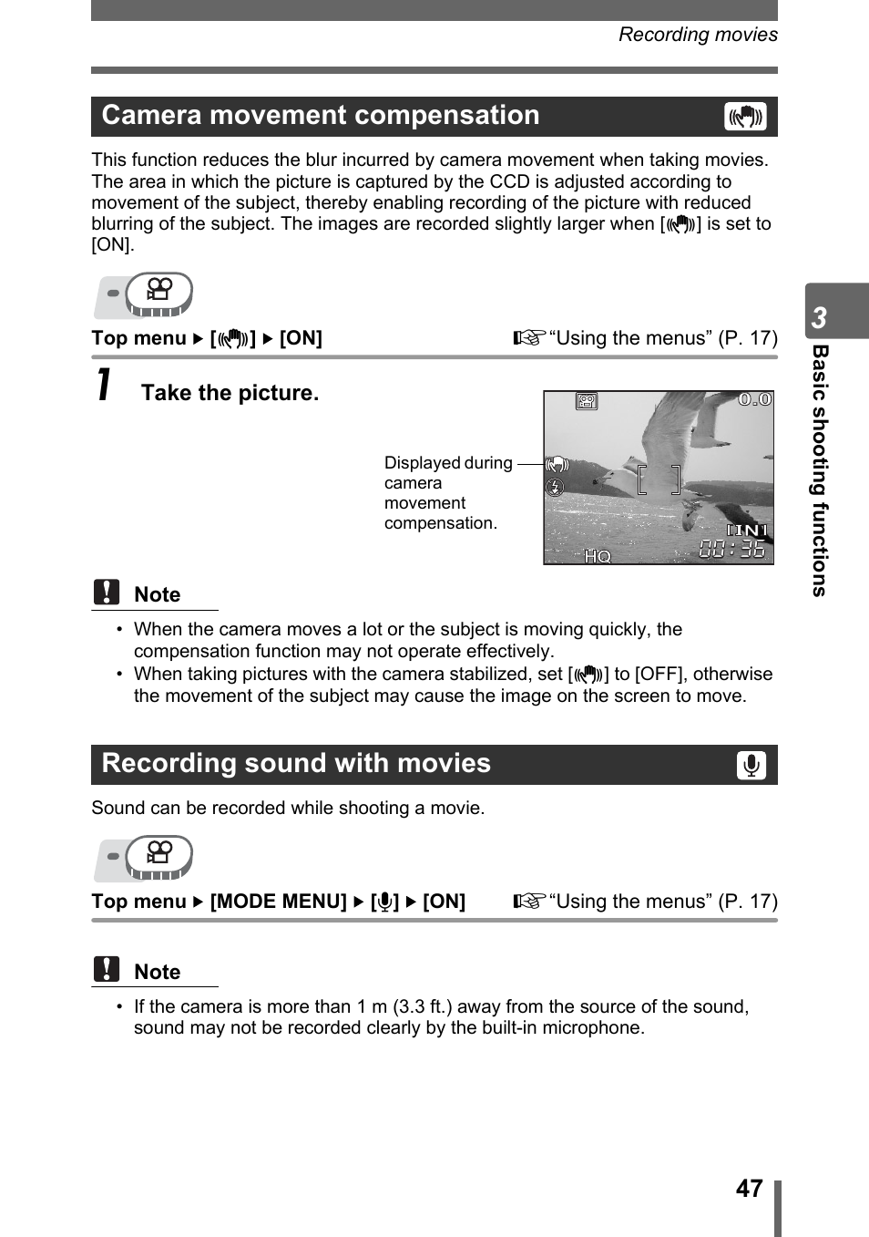 Camera movement compensation, Recording sound with movies, Gp. 47 | G“recording sound with movies” (p. 47), Recording sound with movies” (p. 47) | Olympus SP-500 UZ User Manual | Page 47 / 189