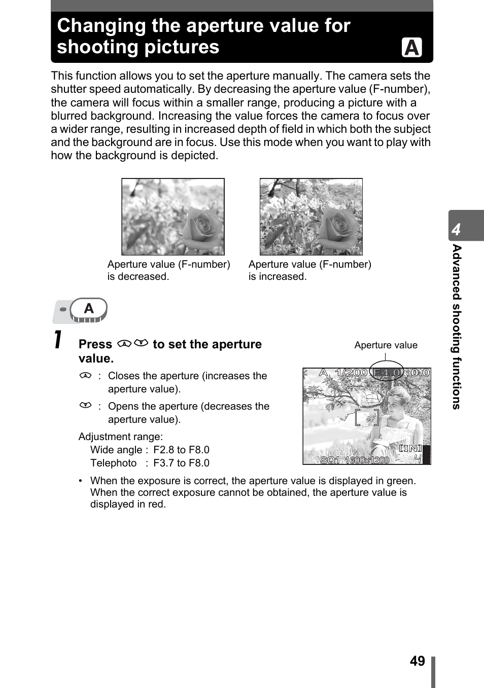 Changing the aperture value for shooting pictures, G“changing the, Aperture value for shooting pictures” (p. 49) | Olympus SP-500 UZ User Manual | Page 49 / 189