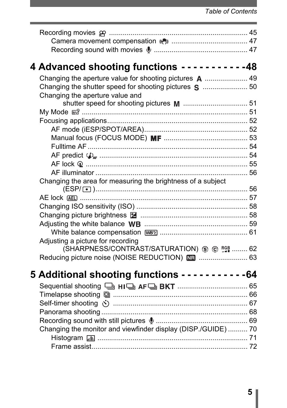 4 advanced shooting functions, 5 additional shooting functions | Olympus SP-500 UZ User Manual | Page 5 / 189