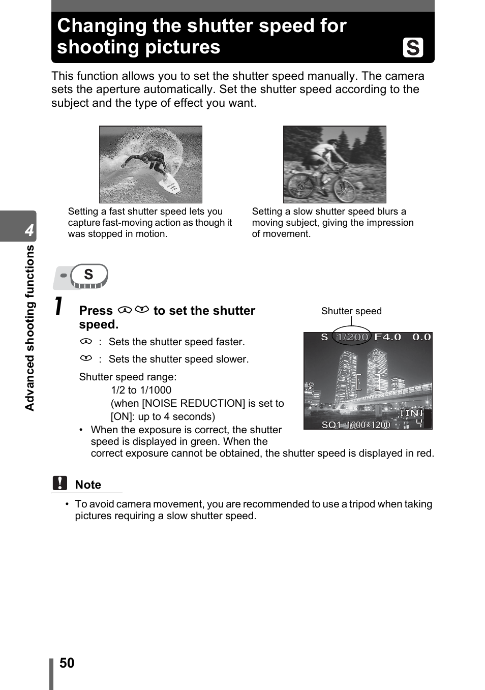 Changing the shutter speed for shooting pictures, Changing the, Shutter speed for shooting pictures” (p. 50) | Olympus SP-500 UZ User Manual | Page 50 / 189
