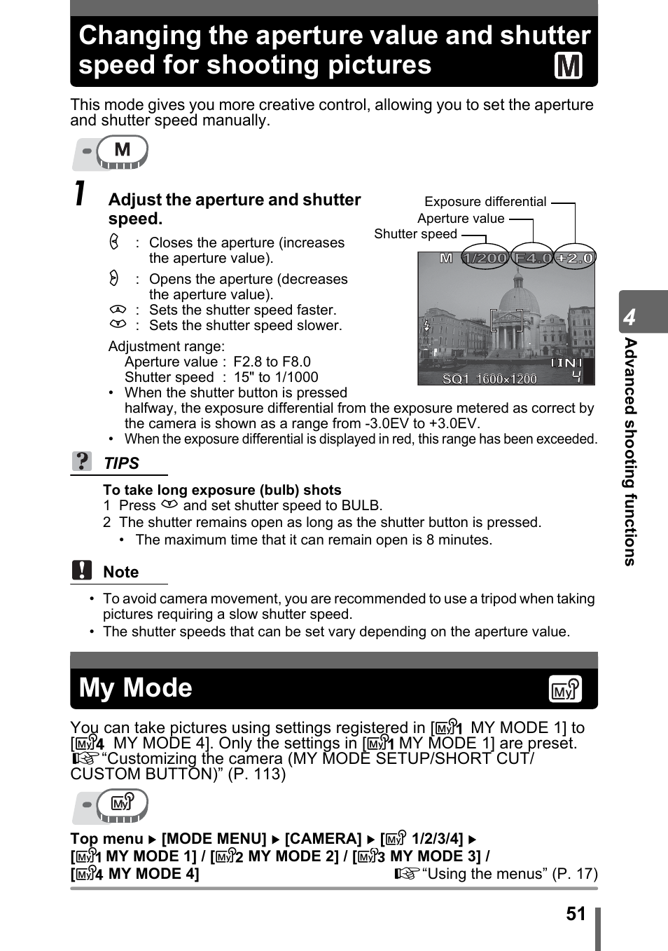 My mode, Changing the aperture value and, Shutter speed for shooting pictures | Changing the aperture value and shutter speed, For shooting pictures” (p. 51), G“my mode” (p. 51) | Olympus SP-500 UZ User Manual | Page 51 / 189