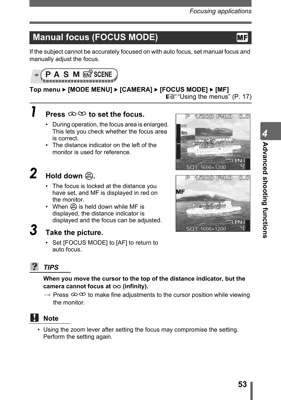 Manual focus (focus mode) | Olympus SP-500 UZ User Manual | Page 53 / 189