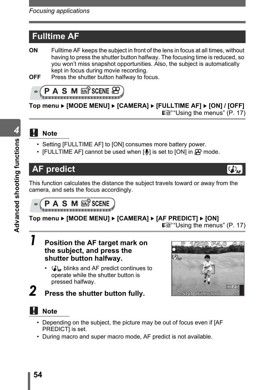 Fulltime af, Af predict, Fulltime af af predict | Olympus SP-500 UZ User Manual | Page 54 / 189