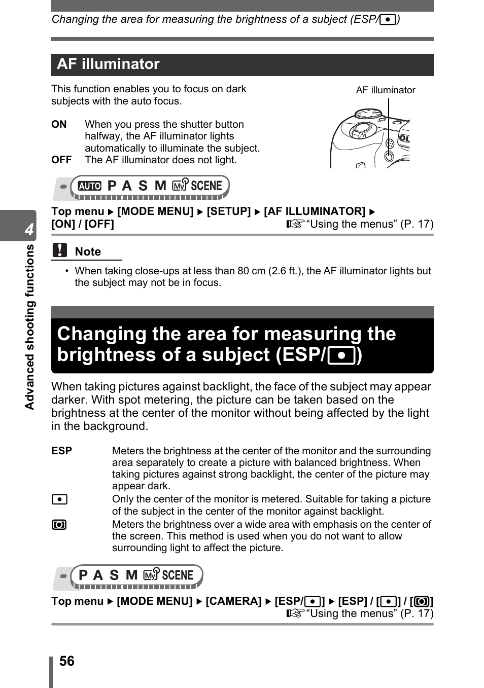 Af illuminator | Olympus SP-500 UZ User Manual | Page 56 / 189