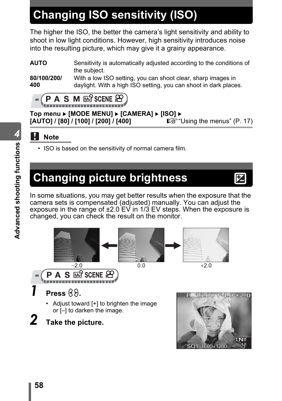Changing iso sensitivity (iso), Changing picture brightness | Olympus SP-500 UZ User Manual | Page 58 / 189