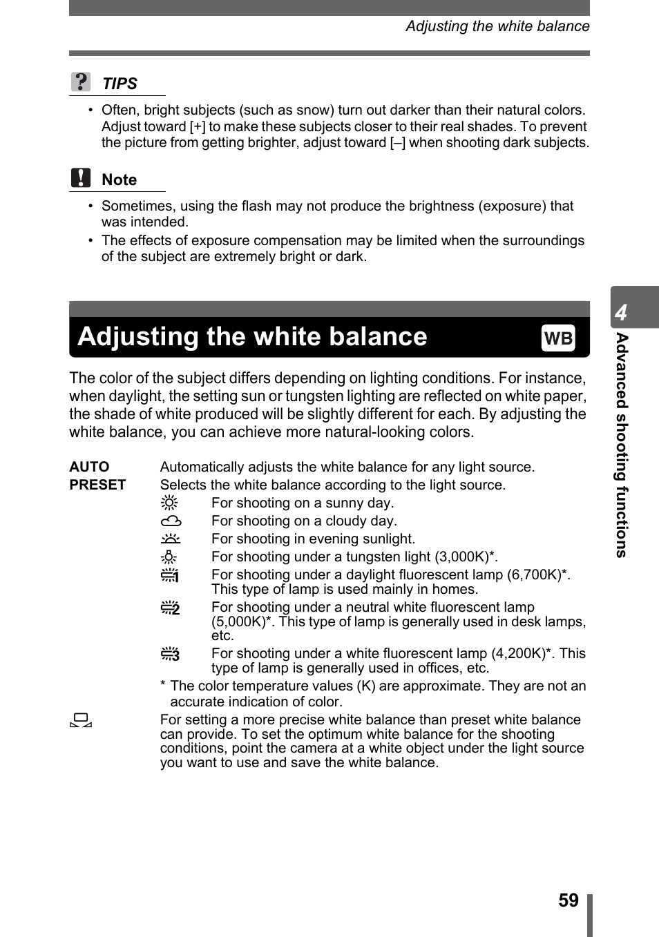 Adjusting the white balance | Olympus SP-500 UZ User Manual | Page 59 / 189