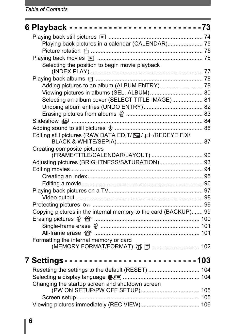 6 playback, 7 settings | Olympus SP-500 UZ User Manual | Page 6 / 189