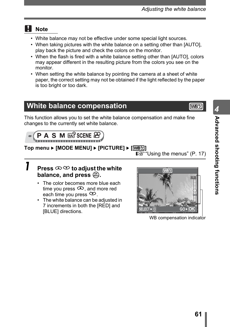 White balance compensation | Olympus SP-500 UZ User Manual | Page 61 / 189