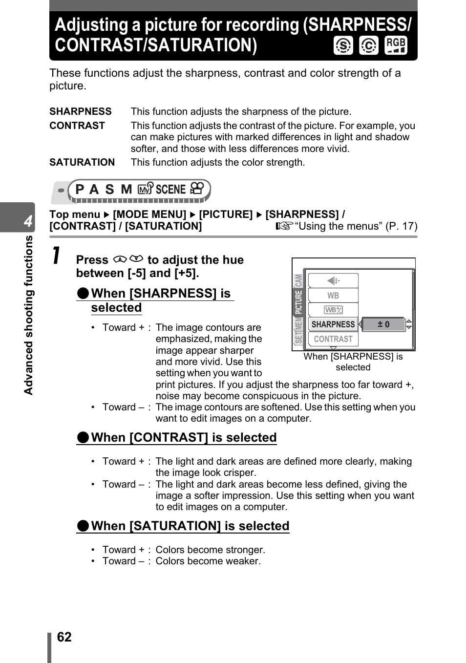 Adjusting a picture for recording, Sharpness/contrast/saturation) | Olympus SP-500 UZ User Manual | Page 62 / 189