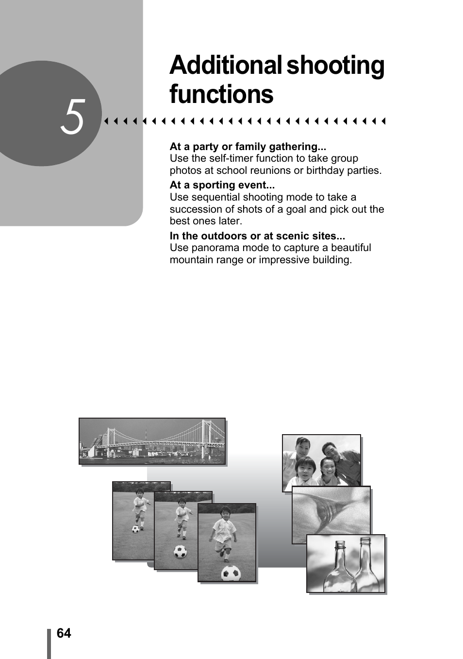 5 additional shooting functions, Additional shooting, Functions | P. 64, Additional shooting functions | Olympus SP-500 UZ User Manual | Page 64 / 189