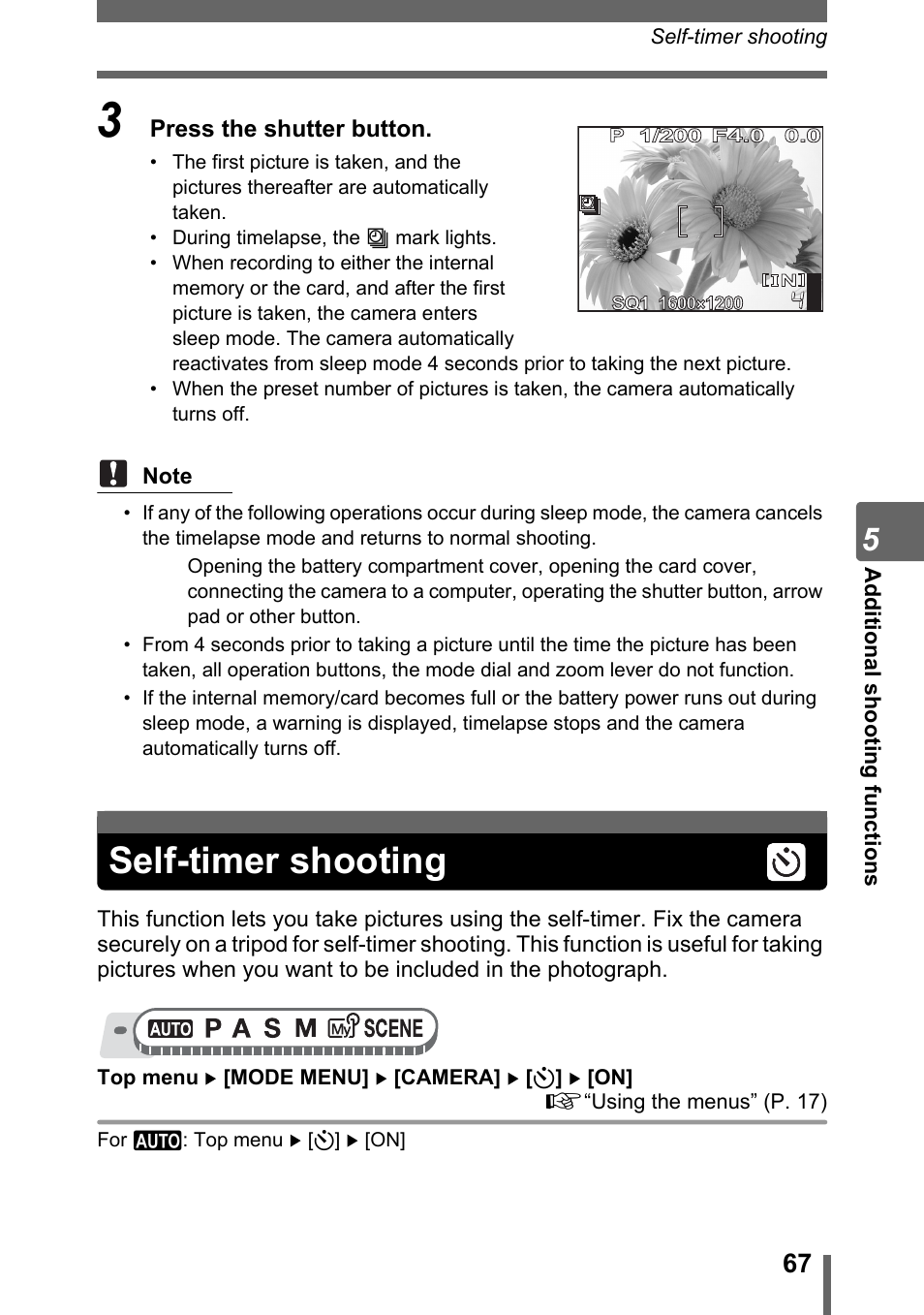 Self-timer shooting, Gp. 67 | Olympus SP-500 UZ User Manual | Page 67 / 189