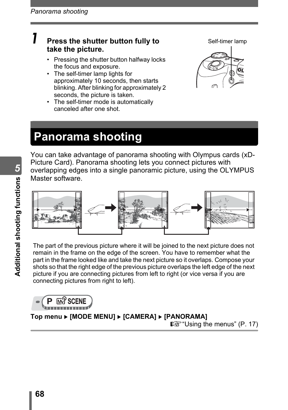 Panorama shooting | Olympus SP-500 UZ User Manual | Page 68 / 189