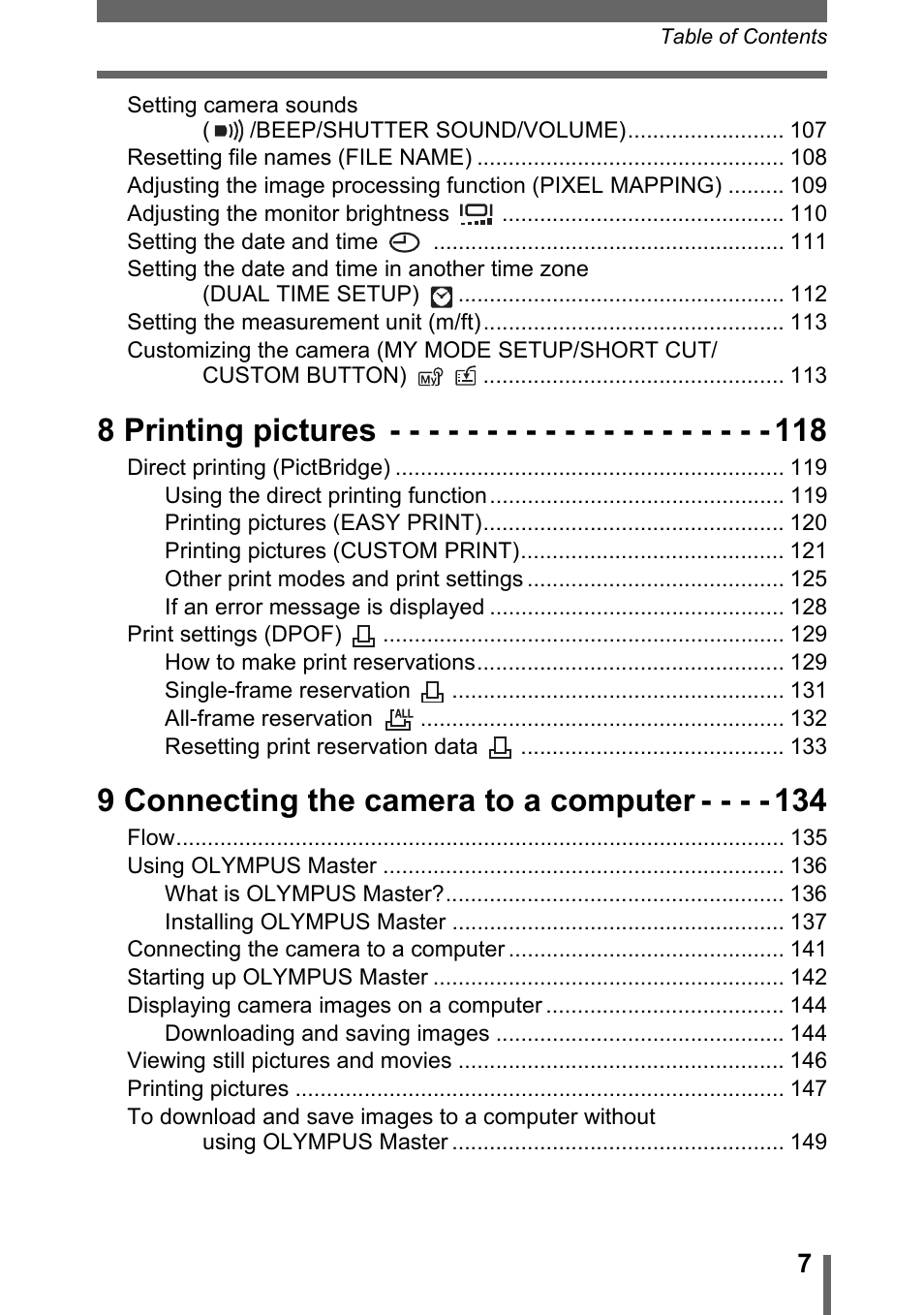 8 printing pictures, 9 connecting the camera to a computer | Olympus SP-500 UZ User Manual | Page 7 / 189