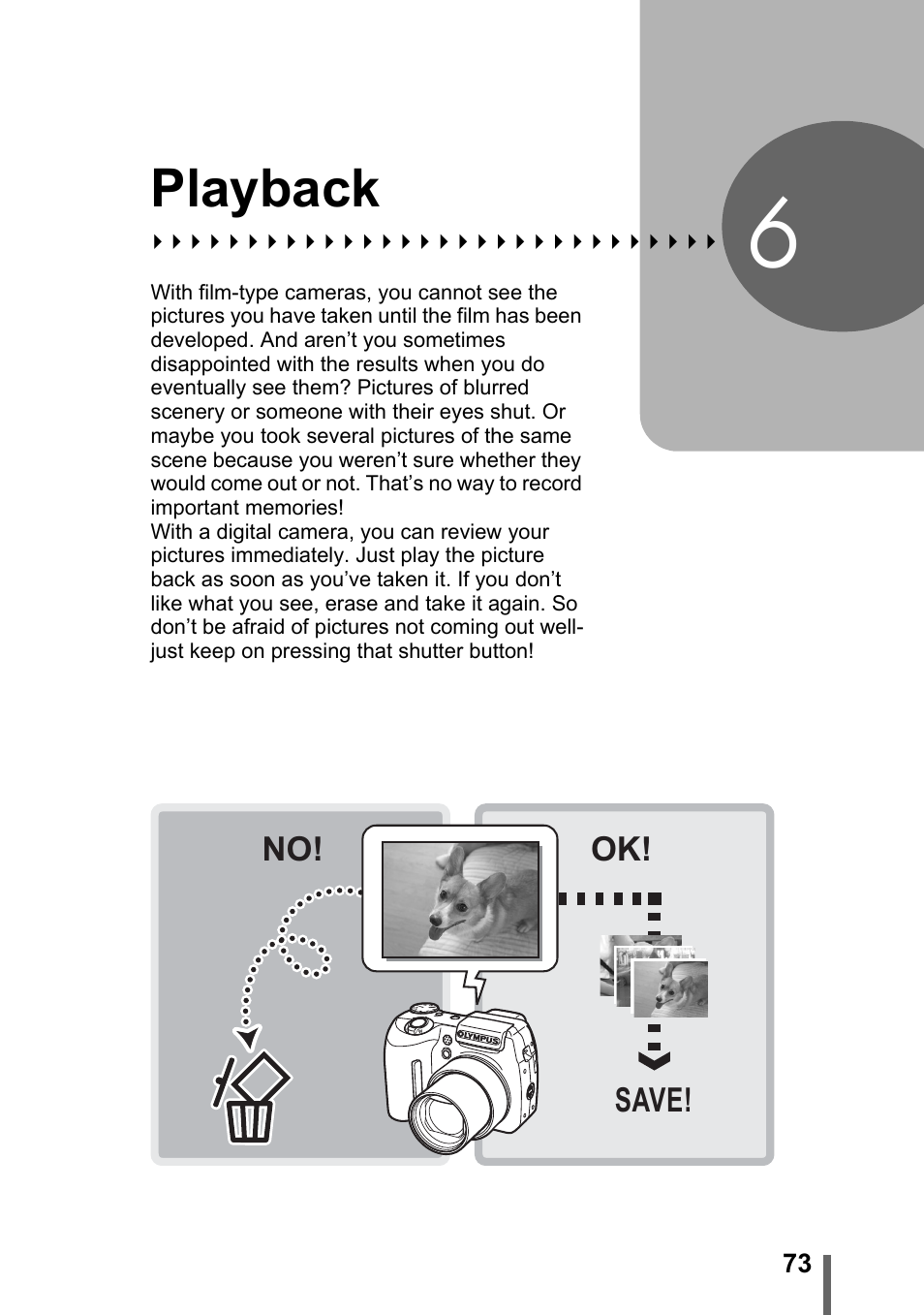 6 playback, Playback, P. 73 | G“playback” (p. 73) | Olympus SP-500 UZ User Manual | Page 73 / 189