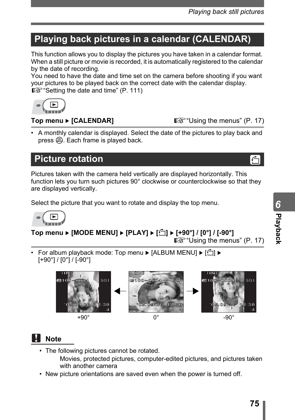Playing back pictures in a calendar (calendar), Picture rotation, P. 75 | Pl ayback, Playing back still pictures, Top menu [calendar] g“using the menus” (p. 17) | Olympus SP-500 UZ User Manual | Page 75 / 189