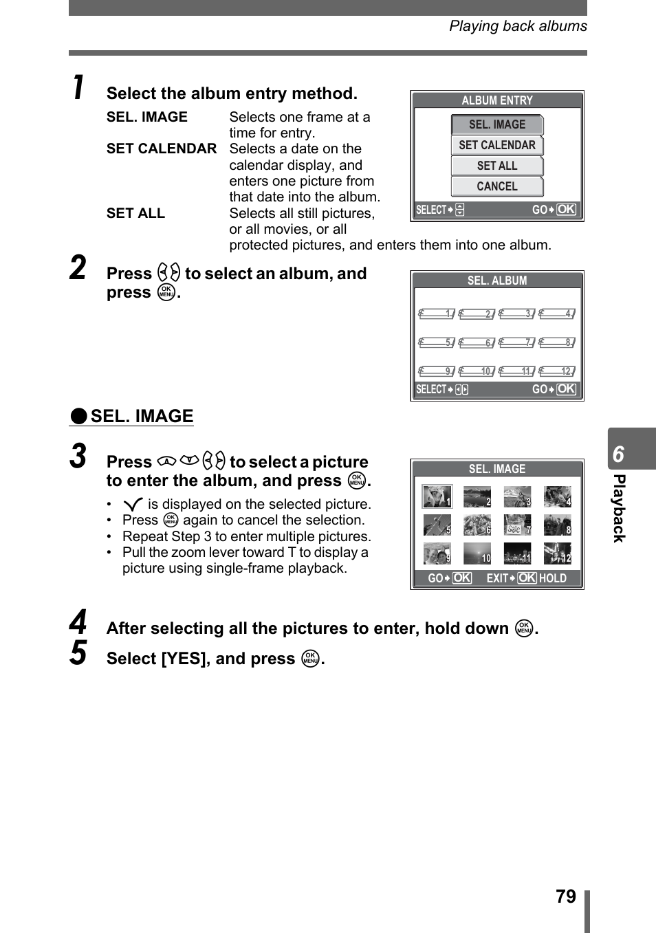 Sel. image, Select the album entry method, Press pq to select an album, and press z | Select [yes], and press z, Pl ayback | Olympus SP-500 UZ User Manual | Page 79 / 189