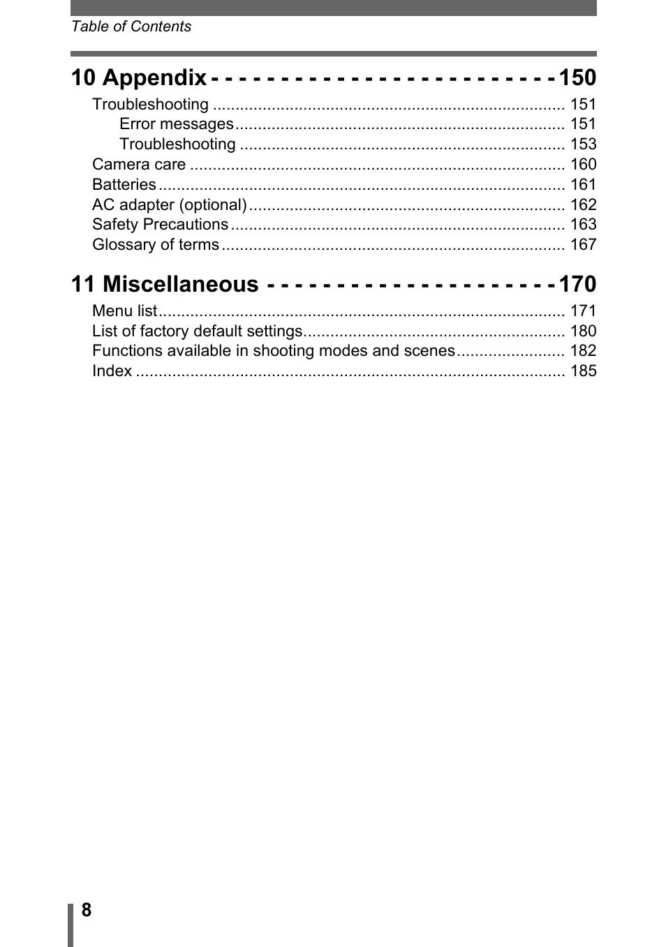 10 appendix, 11 miscellaneous | Olympus SP-500 UZ User Manual | Page 8 / 189