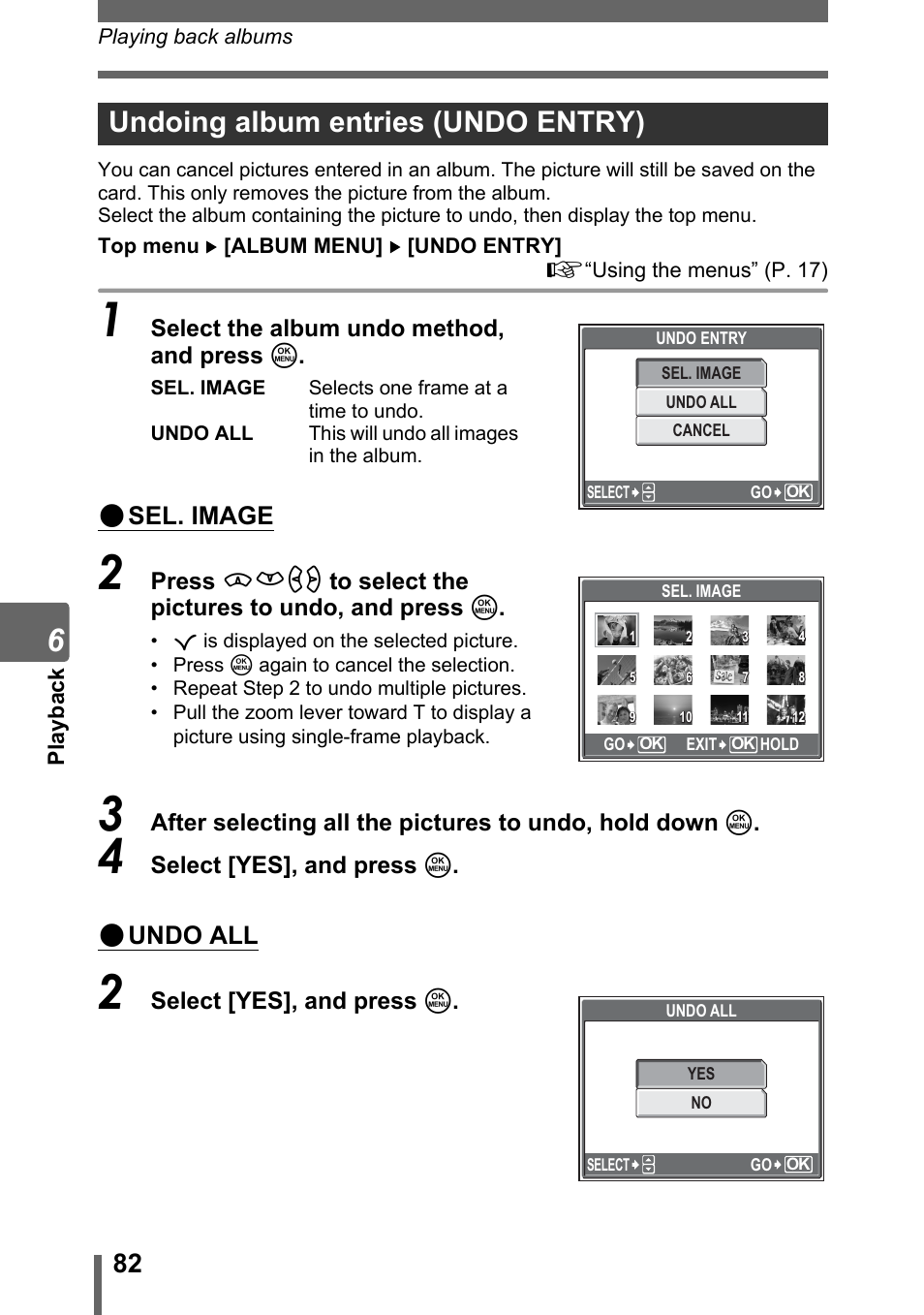 Undoing album entries (undo entry), G“undoing album entries, Undo entry)” (p. 82) | P. 82, Sel. image, Undo all | Olympus SP-500 UZ User Manual | Page 82 / 189