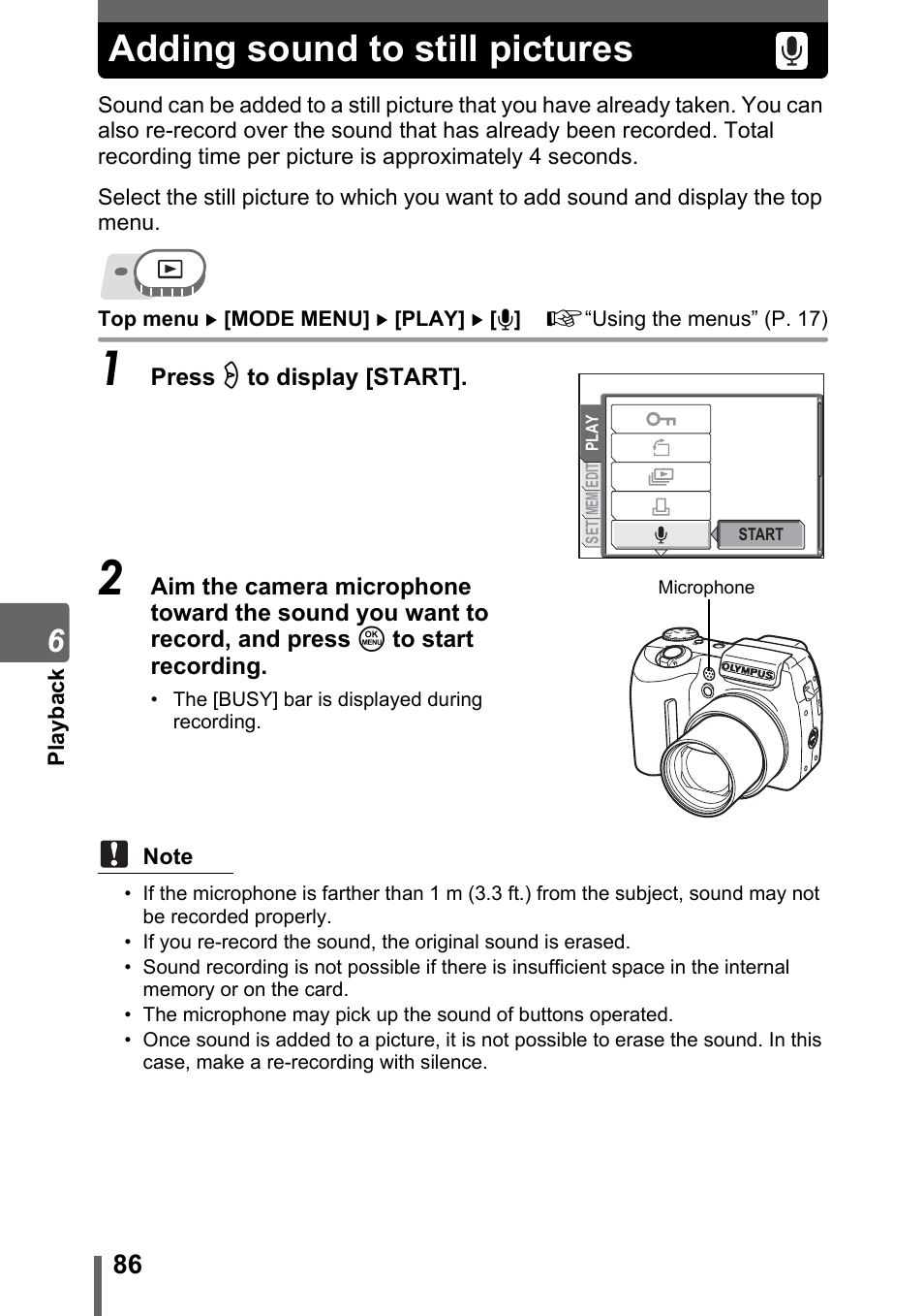 Adding sound to still pictures | Olympus SP-500 UZ User Manual | Page 86 / 189