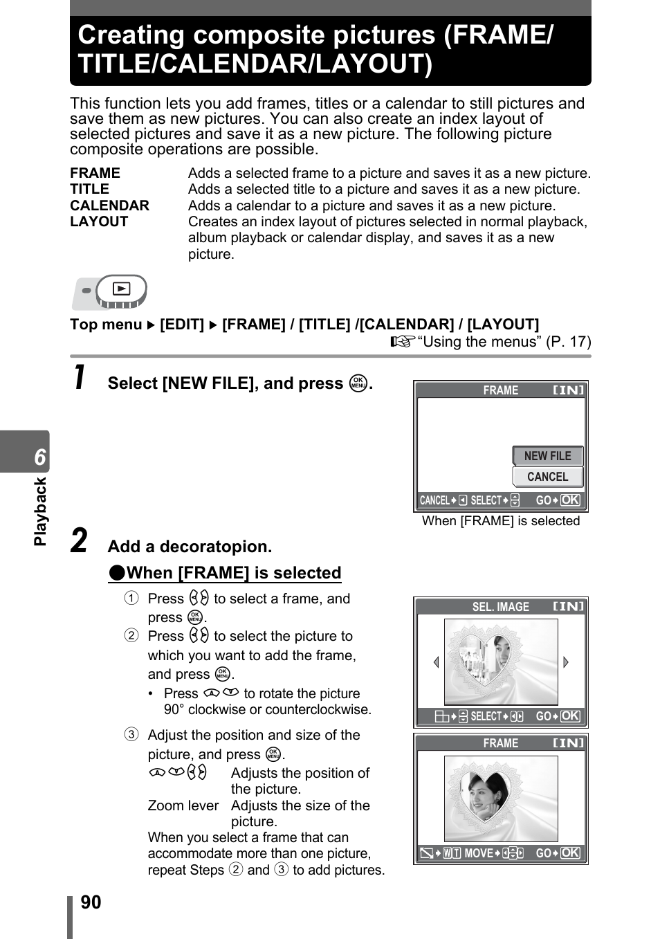 Creating composite pictures, Frame/title/calendar/layout) | Olympus SP-500 UZ User Manual | Page 90 / 189