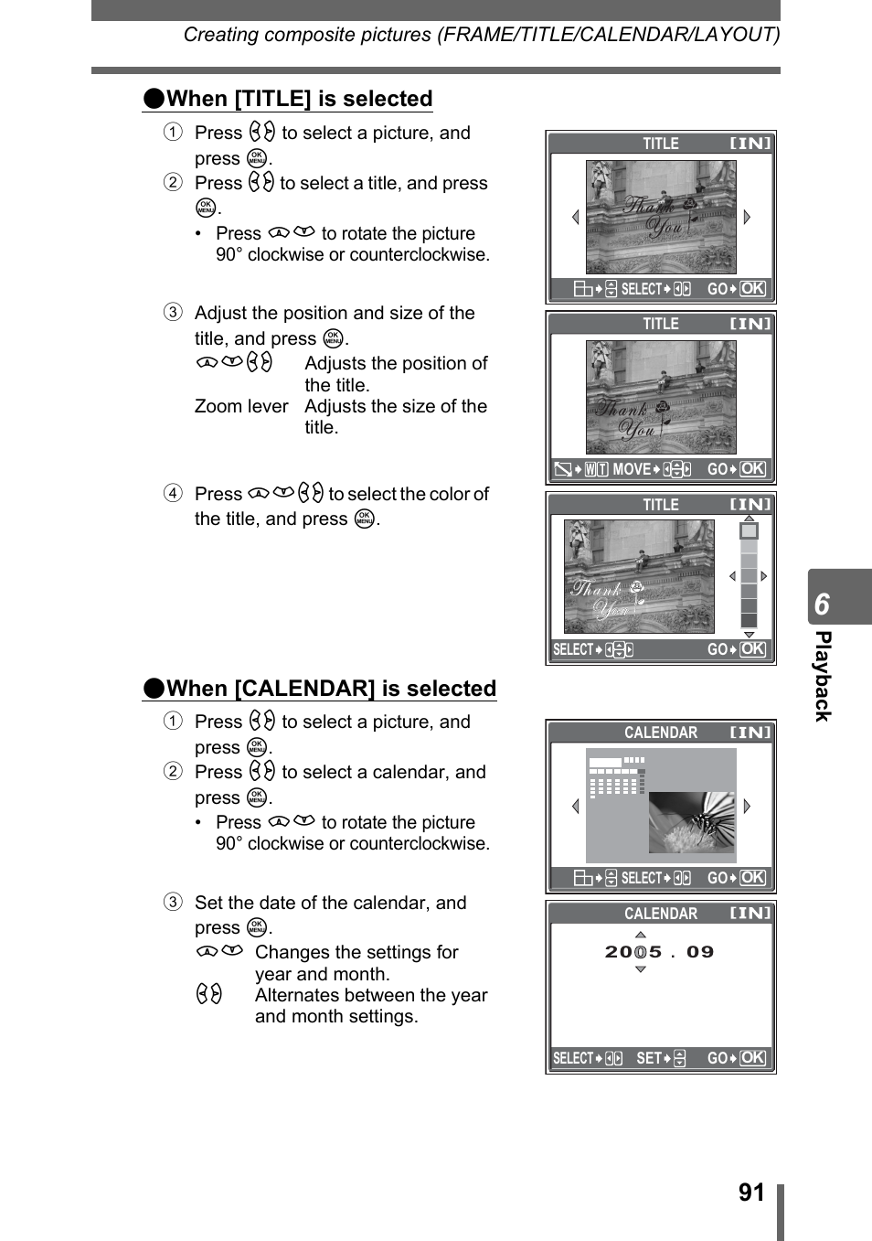 When [title] is selected, When [calendar] is selected, Pl ayback | Olympus SP-500 UZ User Manual | Page 91 / 189