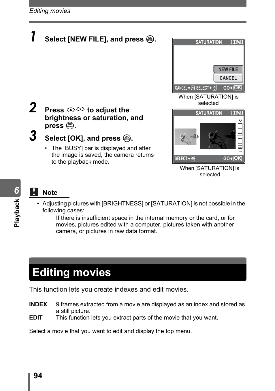 Editing movies | Olympus SP-500 UZ User Manual | Page 94 / 189