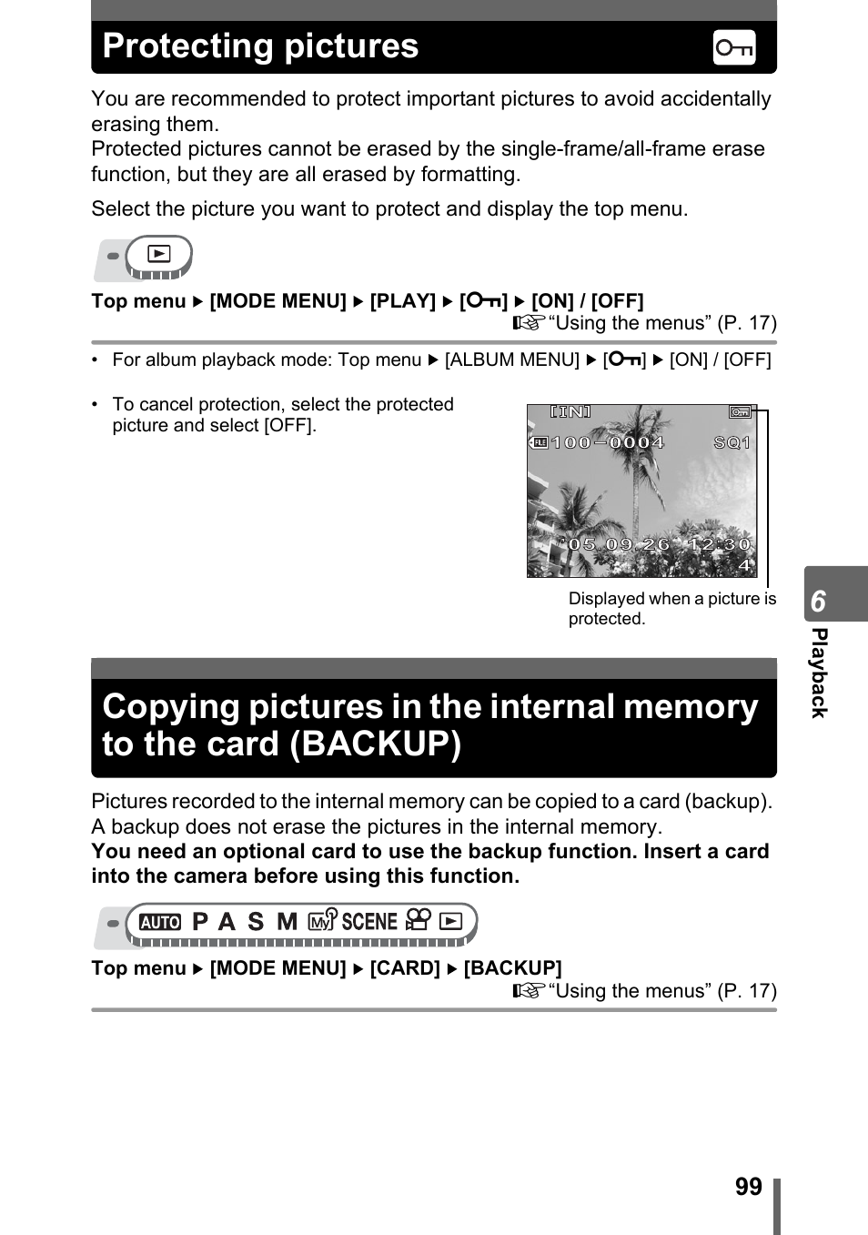Protecting pictures, P. 99, Protecting pictures” (p. 99) | Olympus SP-500 UZ User Manual | Page 99 / 189