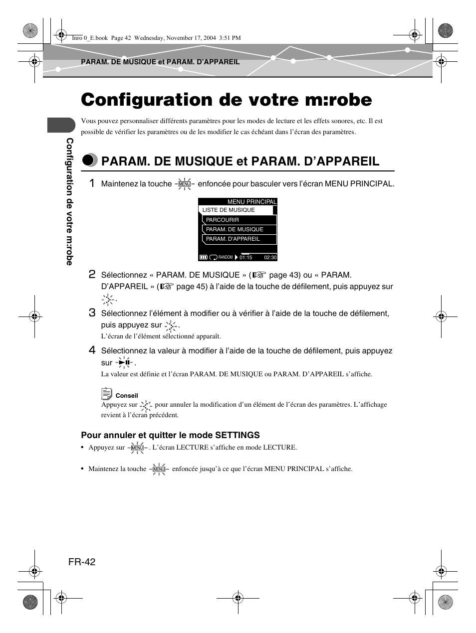Configuration de votre m:robe, Param. de musique et param. d’appareil | Olympus mrobe 100 User Manual | Page 100 / 180