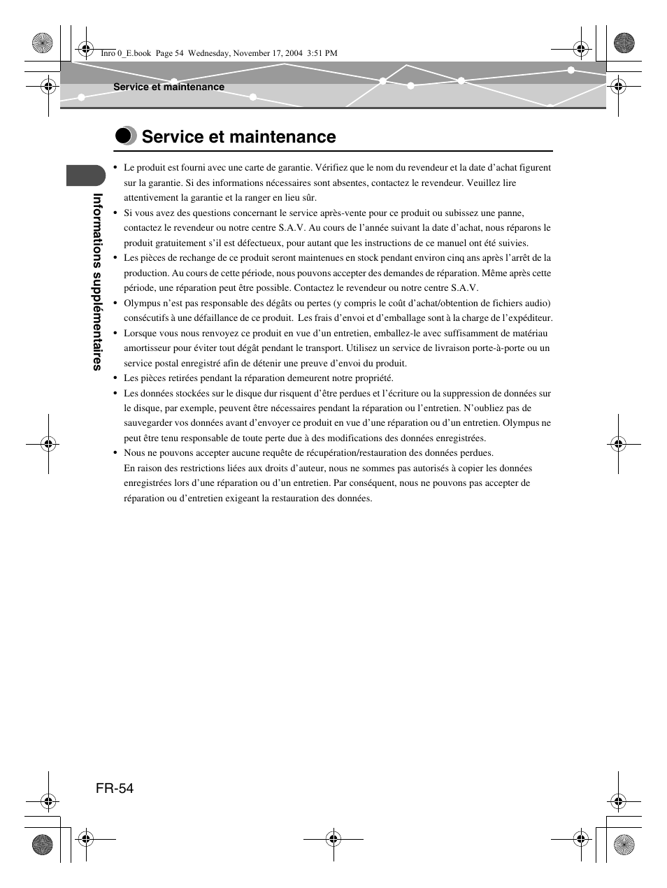 Service et maintenance, Fr-54 | Olympus mrobe 100 User Manual | Page 112 / 180