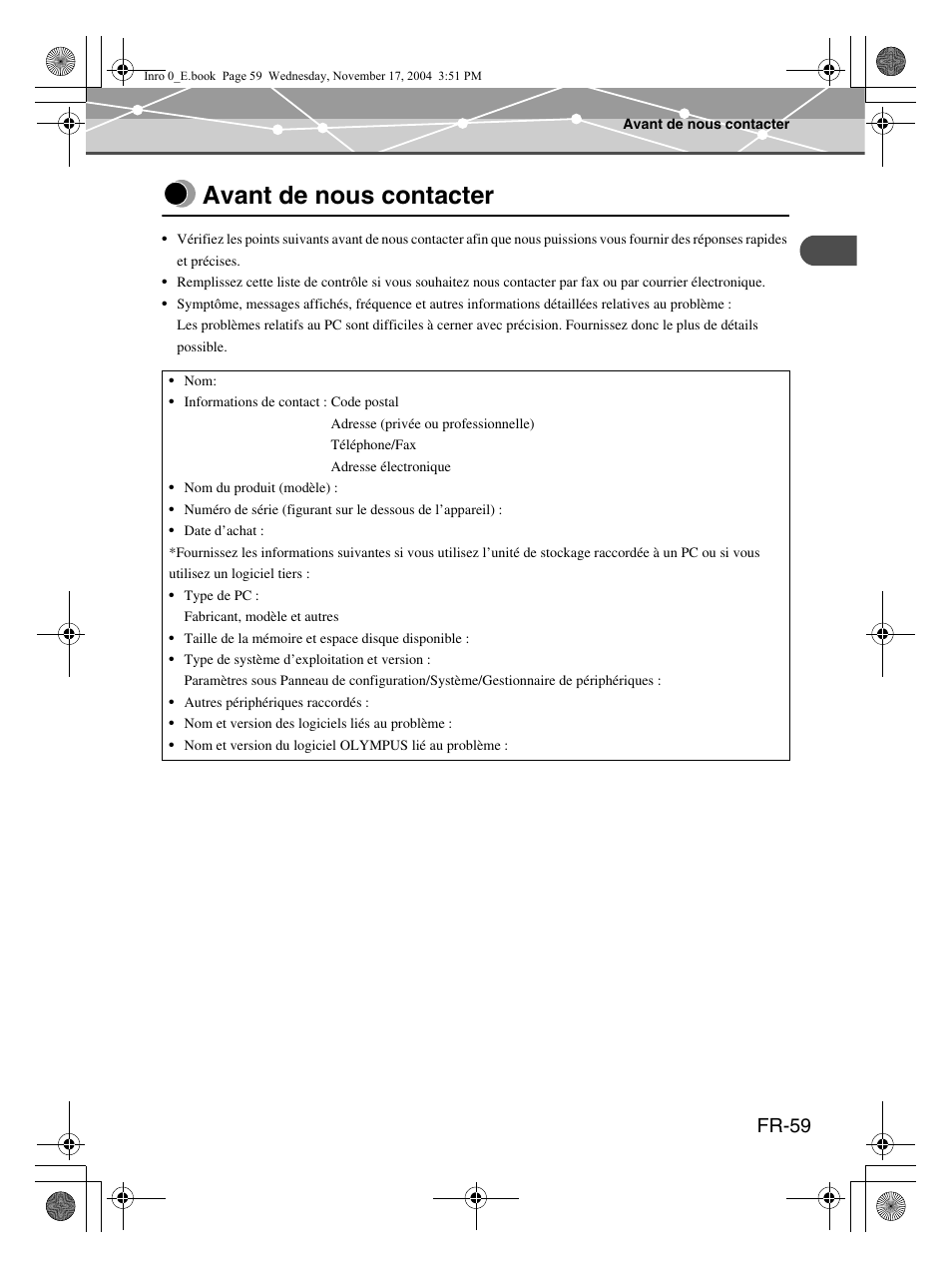 Avant de nous contacter, Fr-59 | Olympus mrobe 100 User Manual | Page 117 / 180