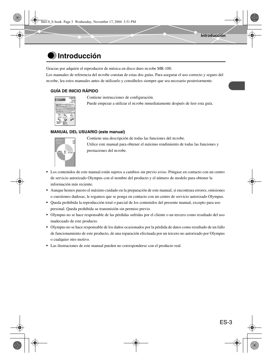 Introducción, Es-3 | Olympus mrobe 100 User Manual | Page 119 / 180