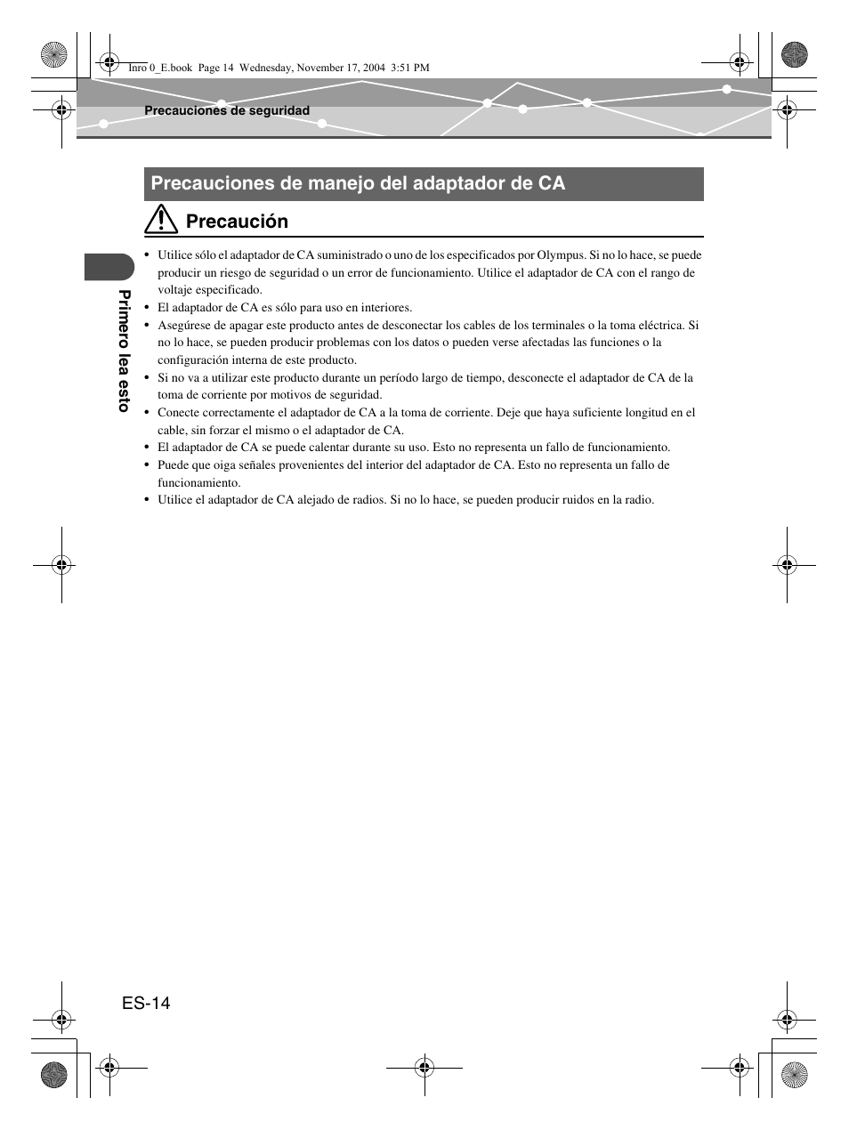 Precaución, Precauciones de manejo del adaptador de ca, Es-14 | Olympus mrobe 100 User Manual | Page 130 / 180